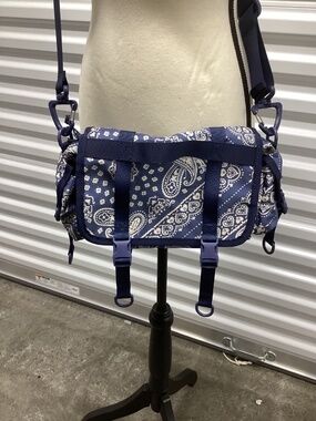 Blue Paisley Bandana Print Crossbody Messenger Sling Bag with Utility Buckles